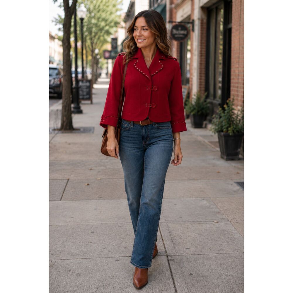 Luluvia Anthropologie Red Wool Jacket Cropped Medium Embroidered Preppy Classic